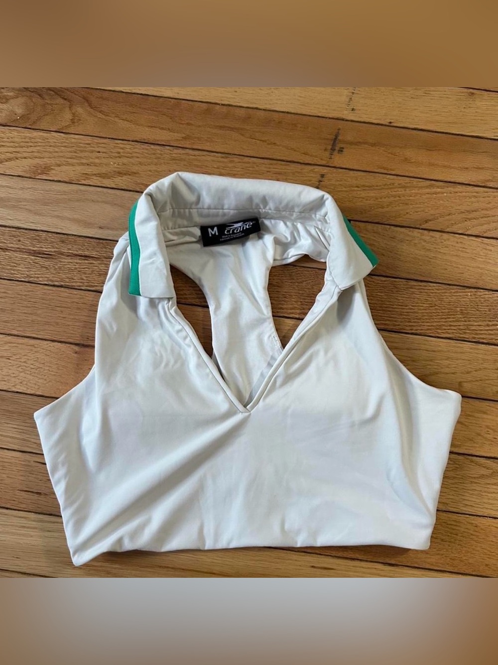 White Sleeveless Polo Tank with Green Collar Trim - Women’s M